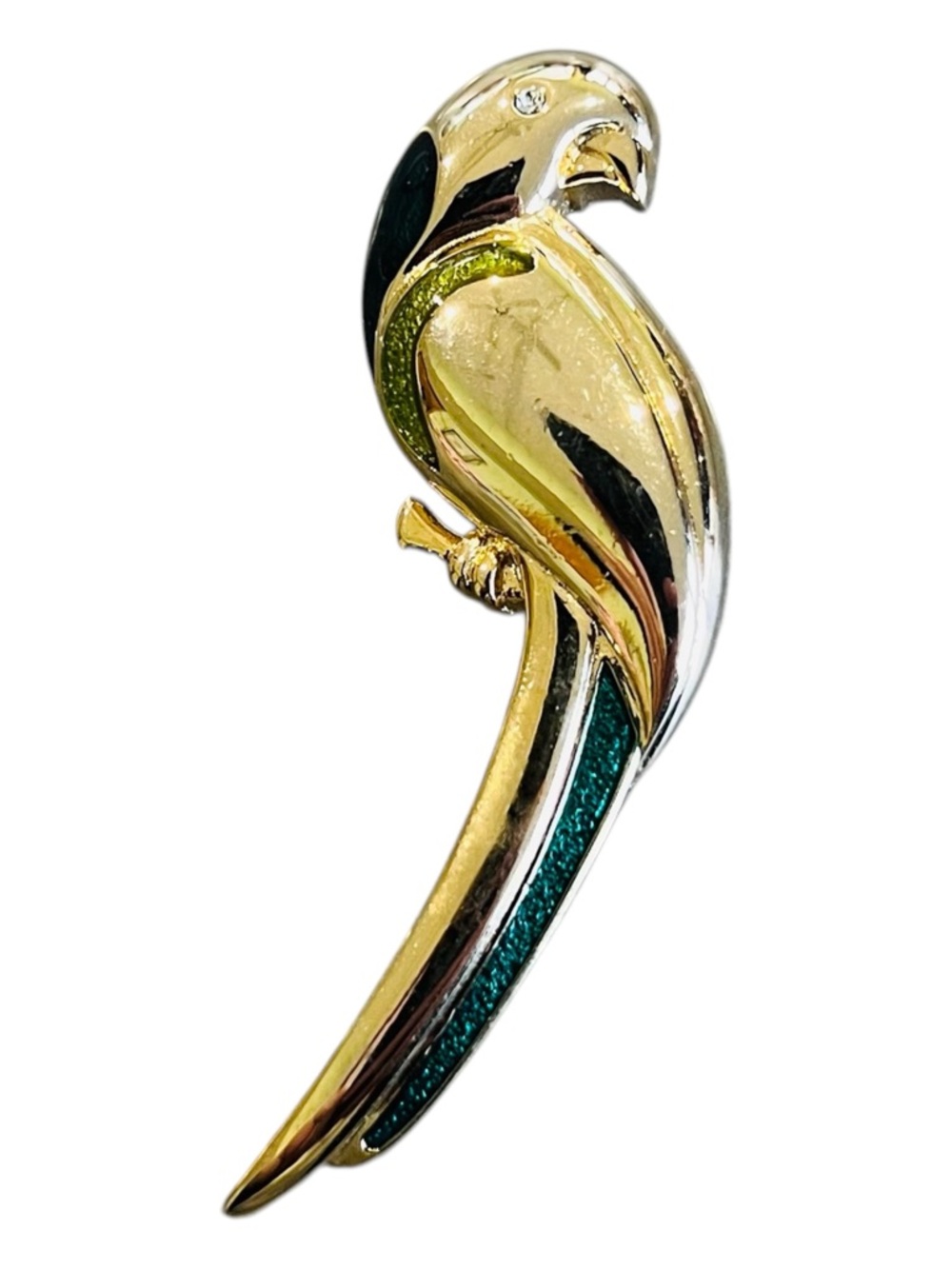 Liz Claiborne Parrot Brooch – 1980s Gold Tone Rhinestone Enamel